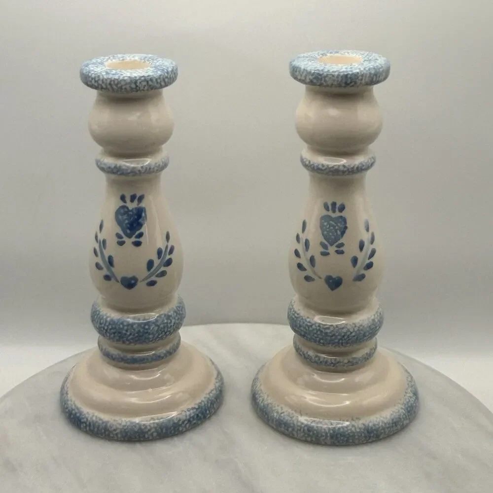 Vintage Blue Heart Spongeware Ceramic Candlestick Holders Pair Country 7.5